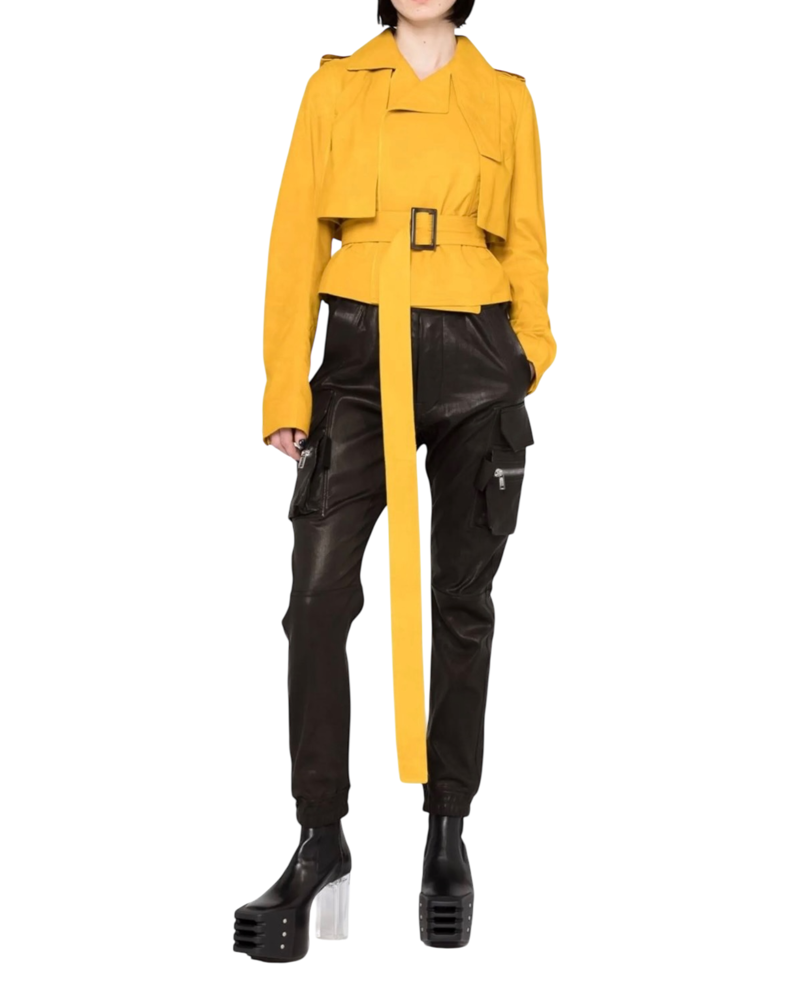Rick Owens Belted Cropped Trench in Yellow Suede