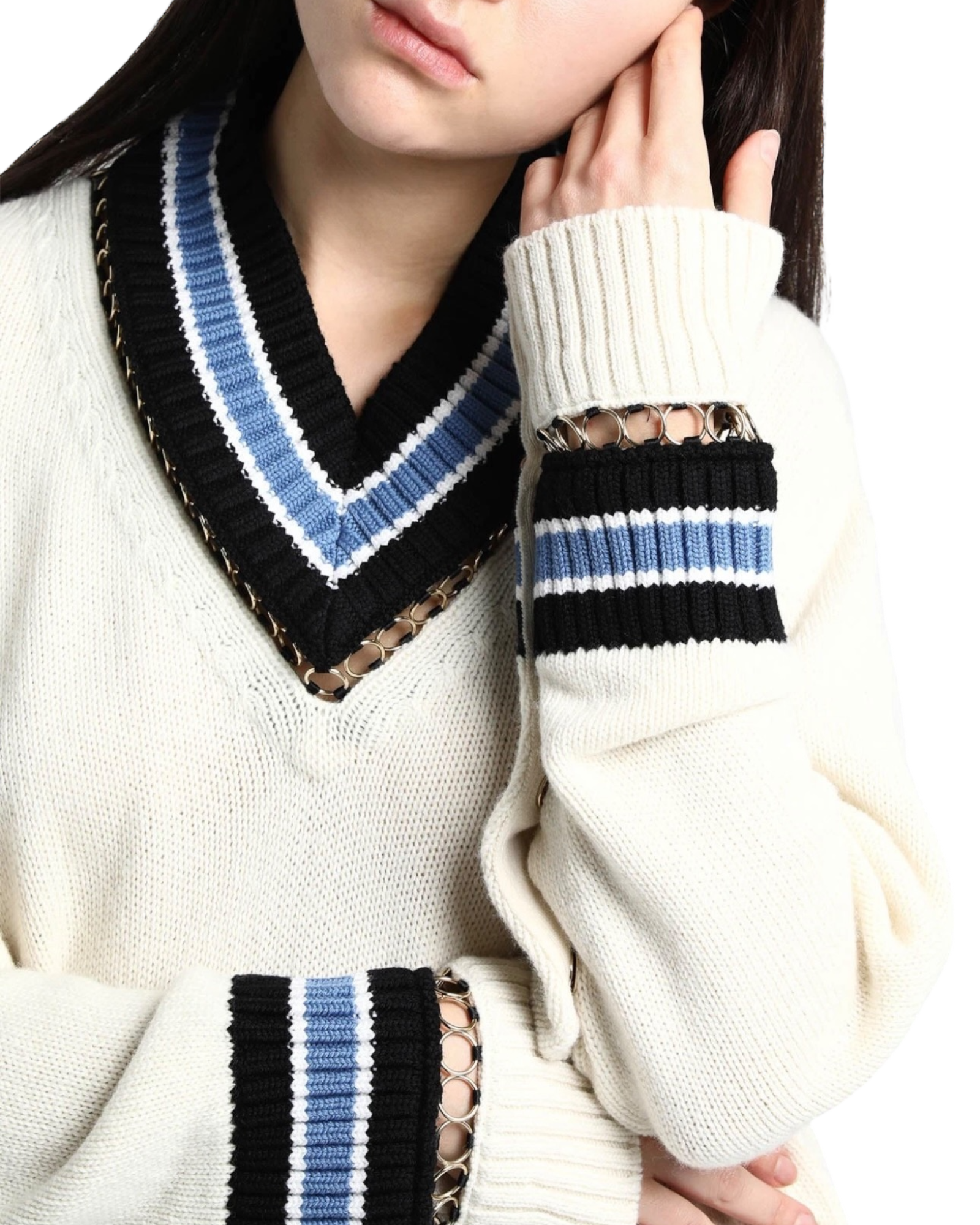 Burberry Ring Chain Button Embellished Twill Knit Sweater