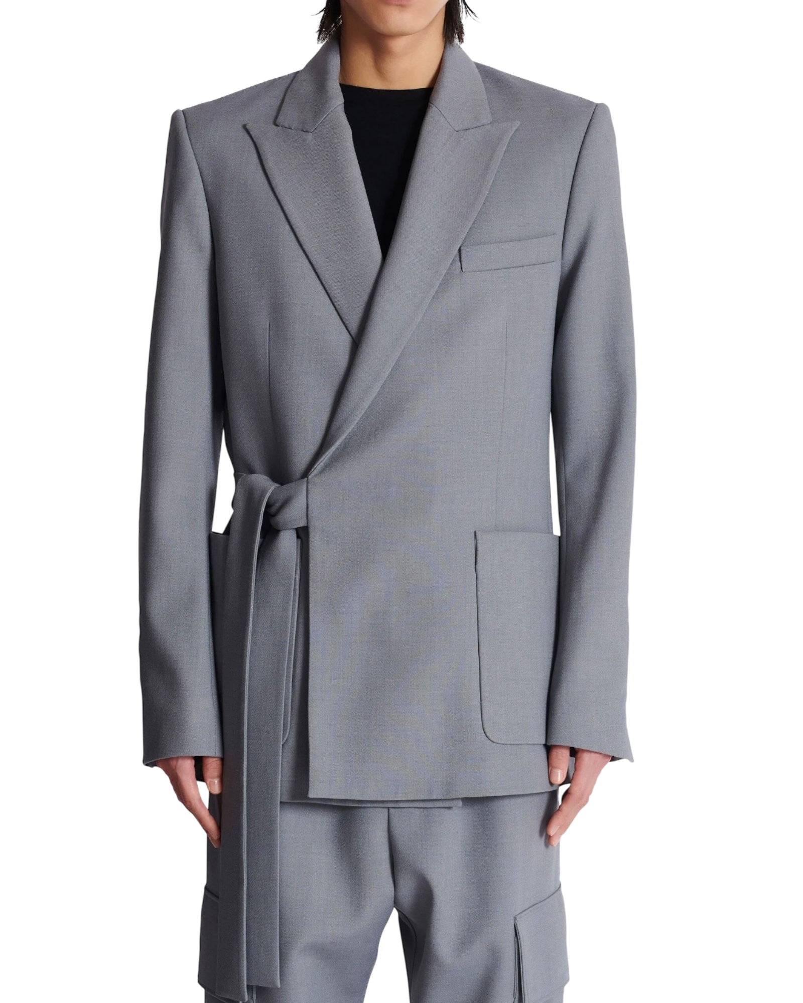 Balmain Double-Crepe Side-Belt Blazer in Grey