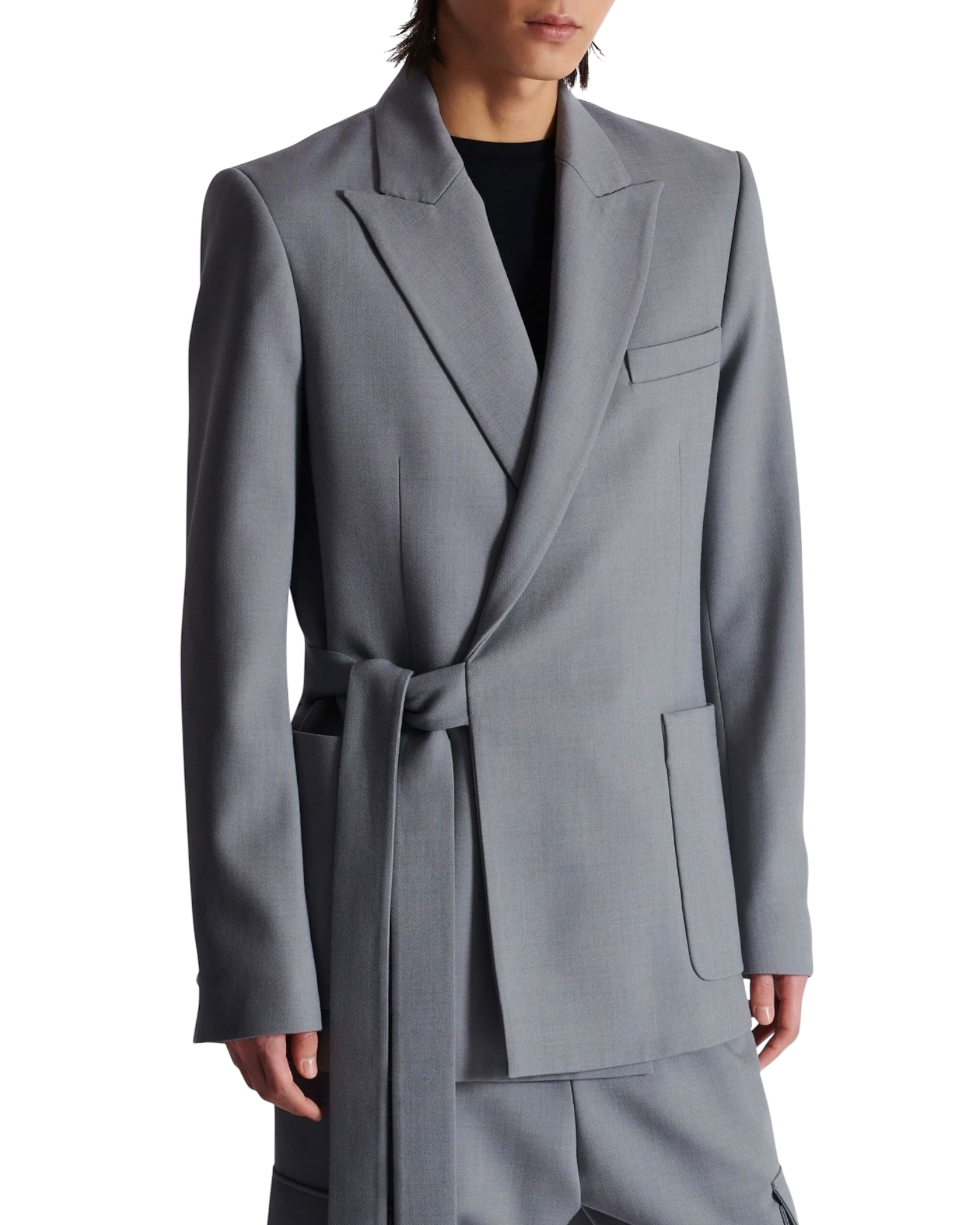 Balmain Double-Crepe Side-Belt Blazer in Grey