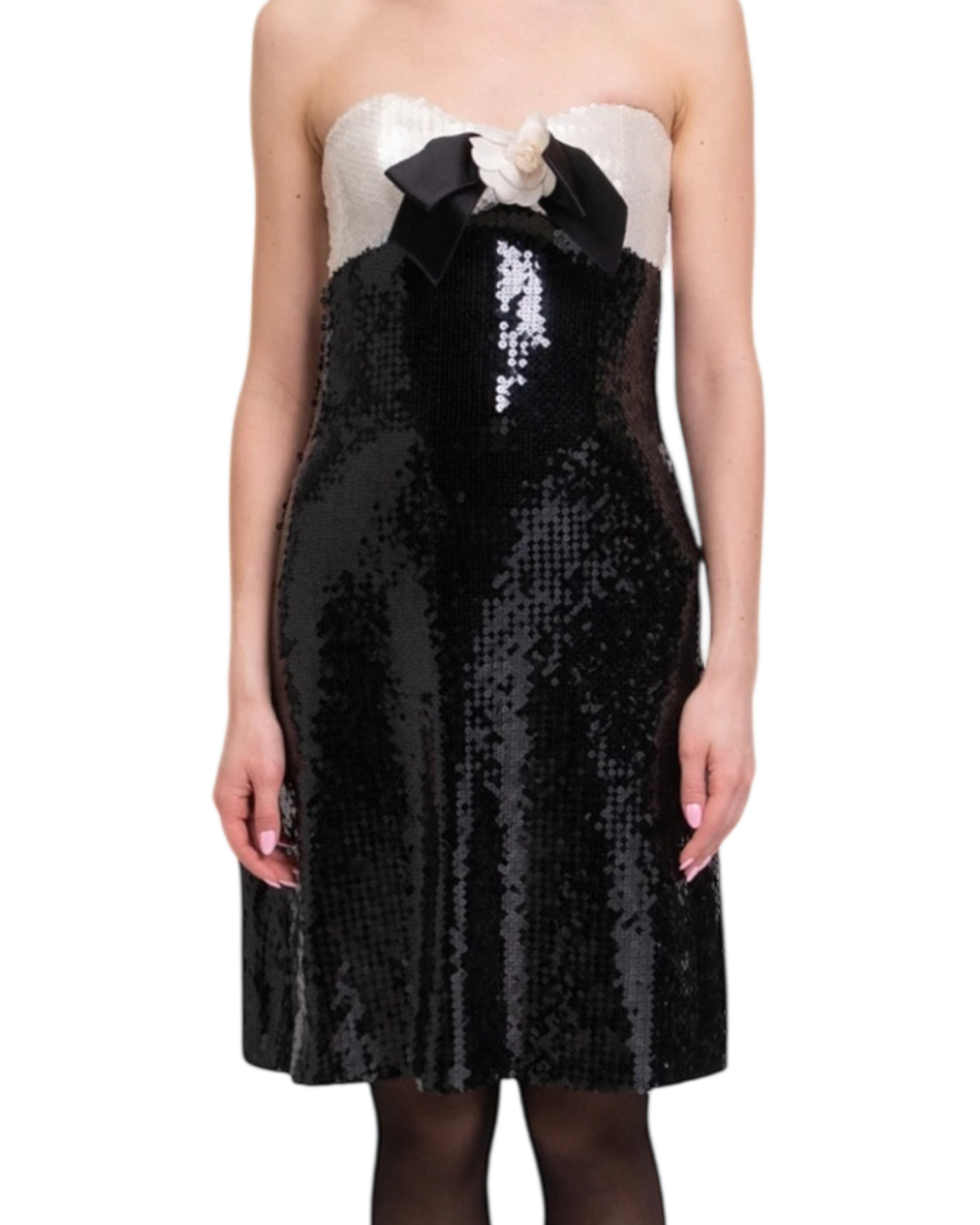 Chanel S/S 1987 White & Black Sequin Bow Bustier Mini Dress