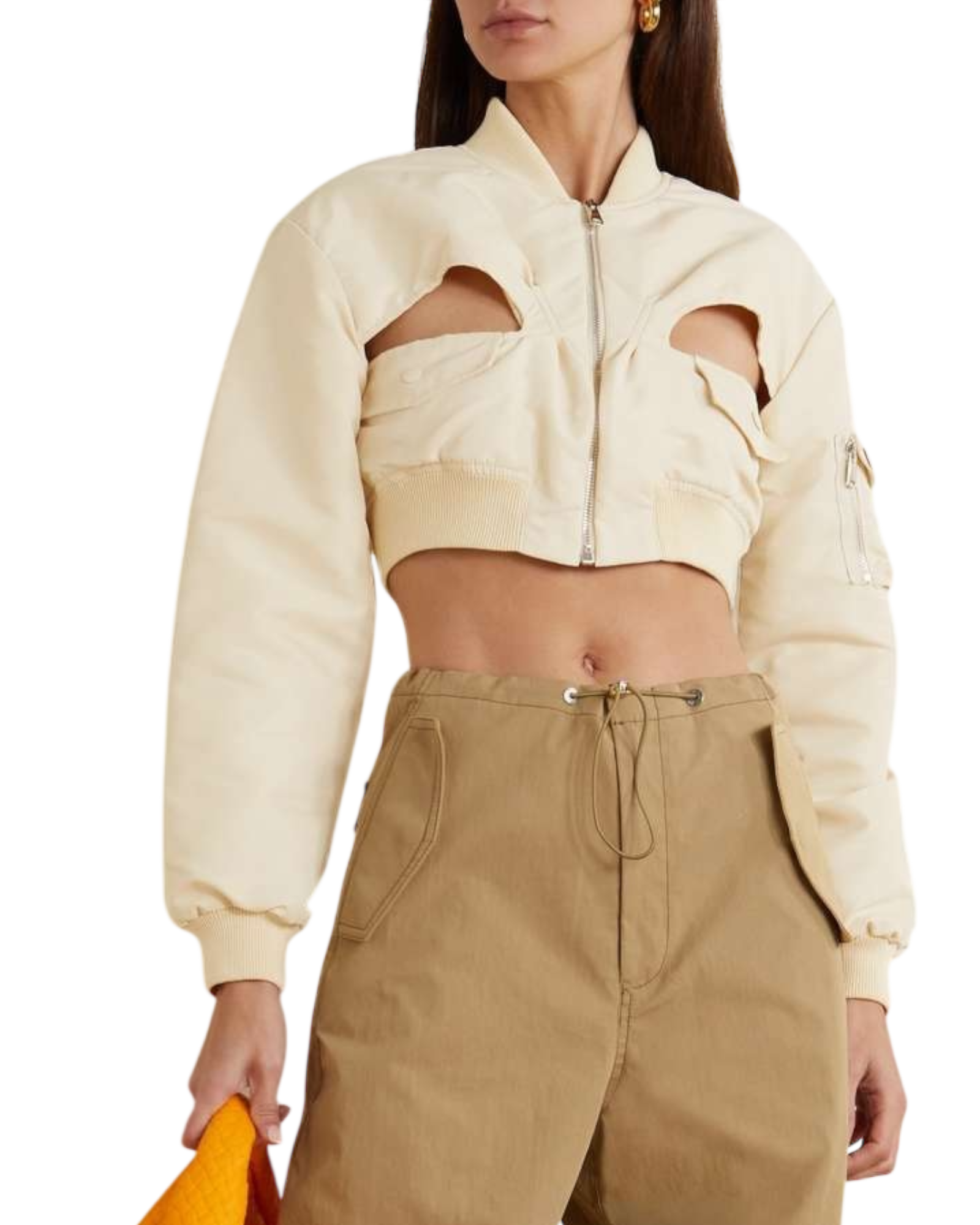 Coperni Cut-Out Cropped Twill Bomber Jacket in Cream