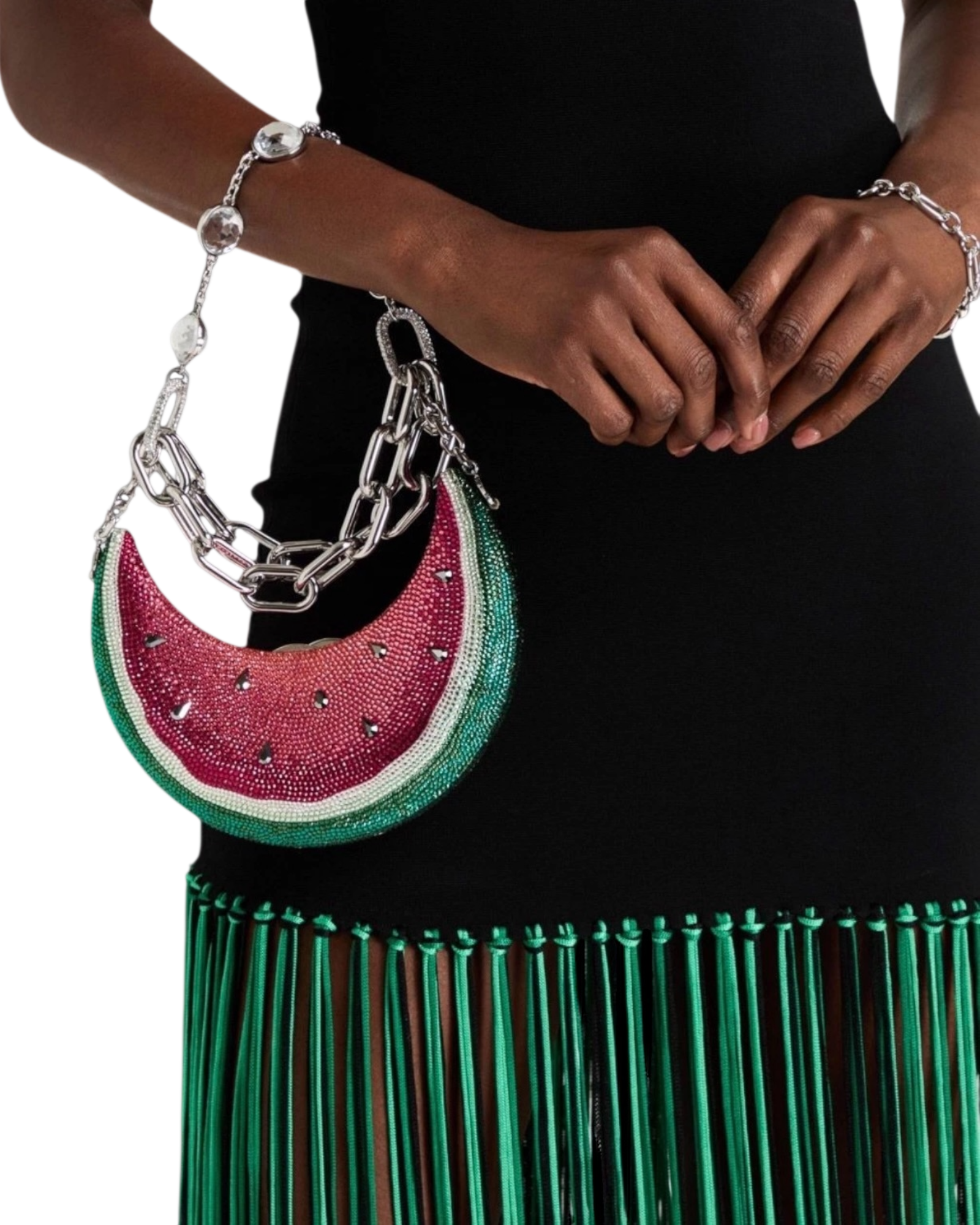Judith Leiber Watermelon Crescent Crystal-Embelliished Silver-Toned Clutch in Red