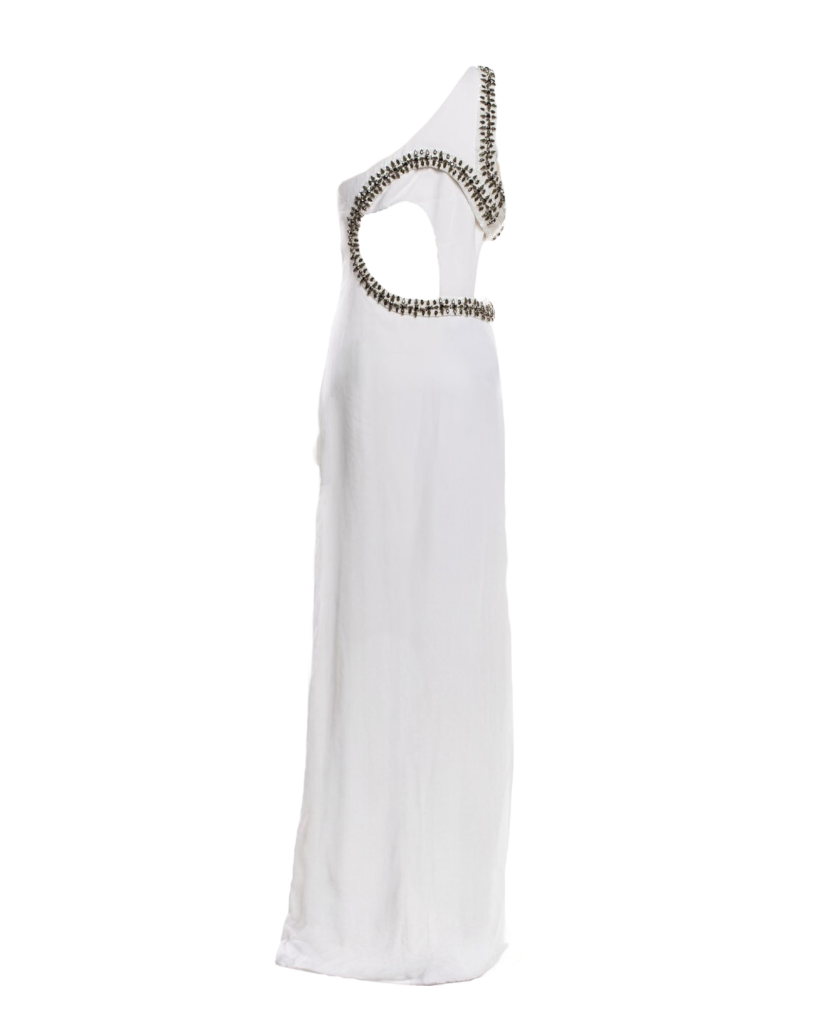 Roberto Cavalli Cadi Embroidered Cutout Assymetric Shoulder Gown in Optical White