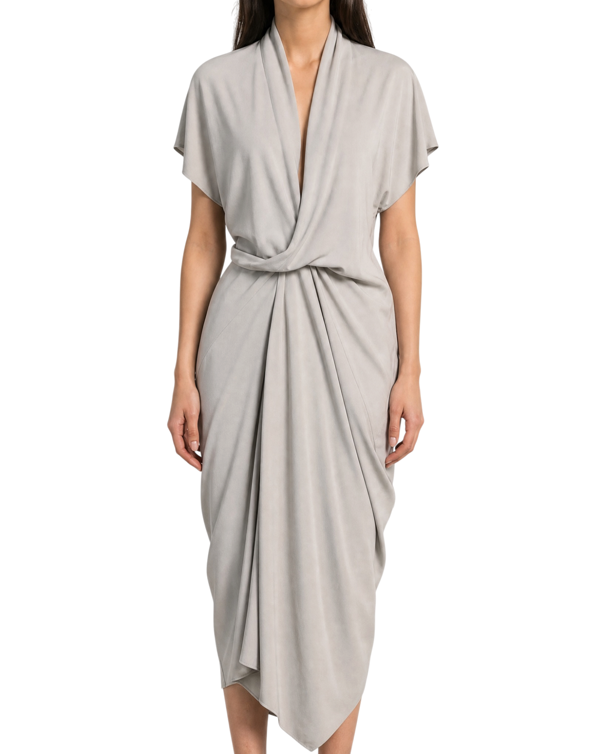 Rick Owens Lido Gathered Wrap-Effect Crepe Midi Dress — Grey, Size IT 40 / US 4
