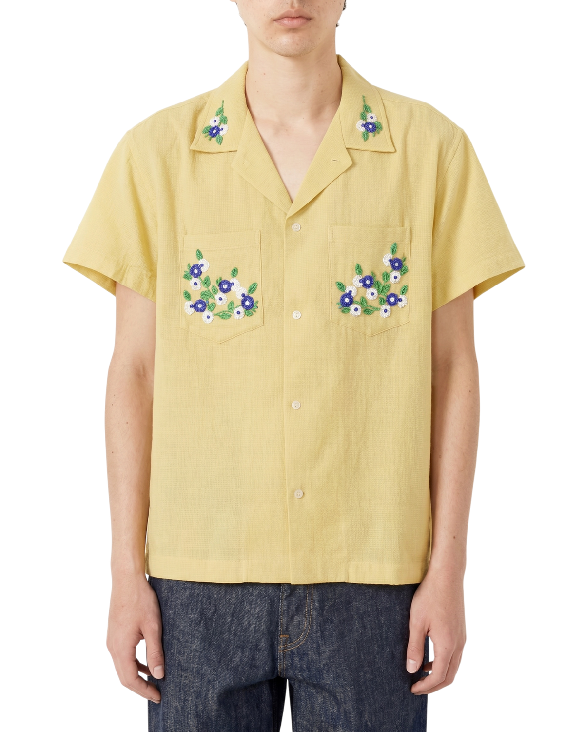 Bode 'Chicory' Bead-Embellished Waffle-Knit Cotton Shirt — Yellow, Size M