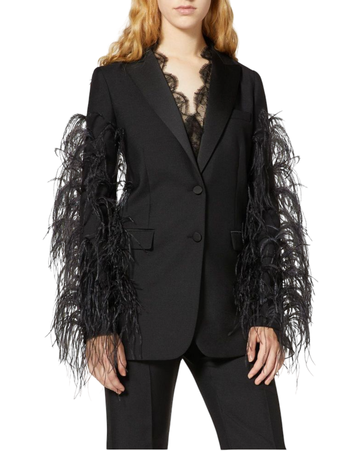 Valentino Garavani Ostrich Feather & Mohair Tuxedo Jacket in Black