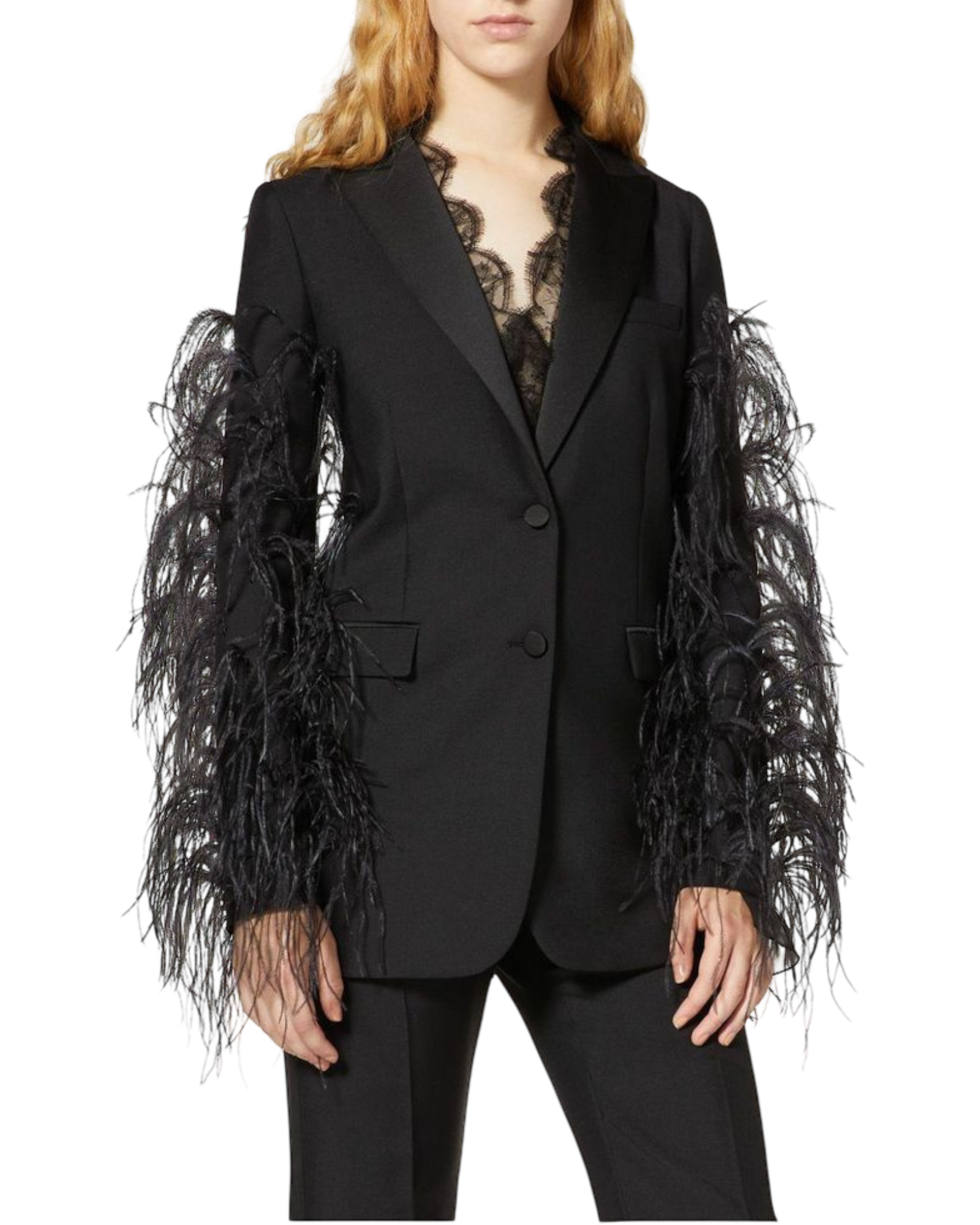 Valentino Garavani Ostrich Feather & Mohair Tuxedo Jacket in Black