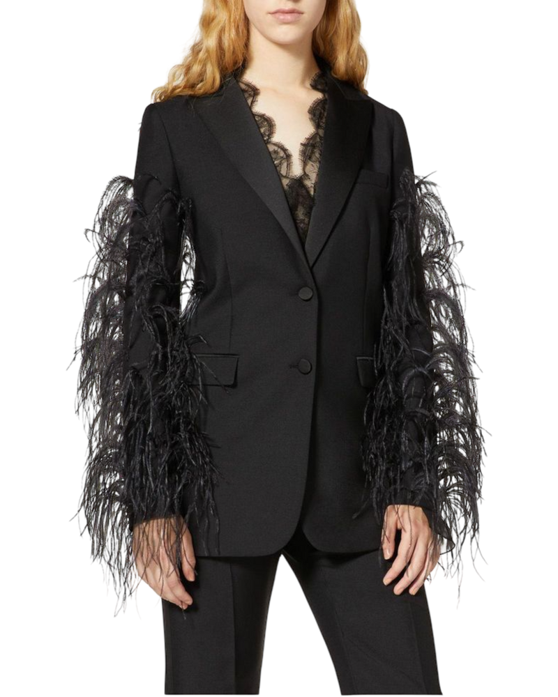 Valentino Garavani Ostrich Feather & Mohair Tuxedo Jacket in Black