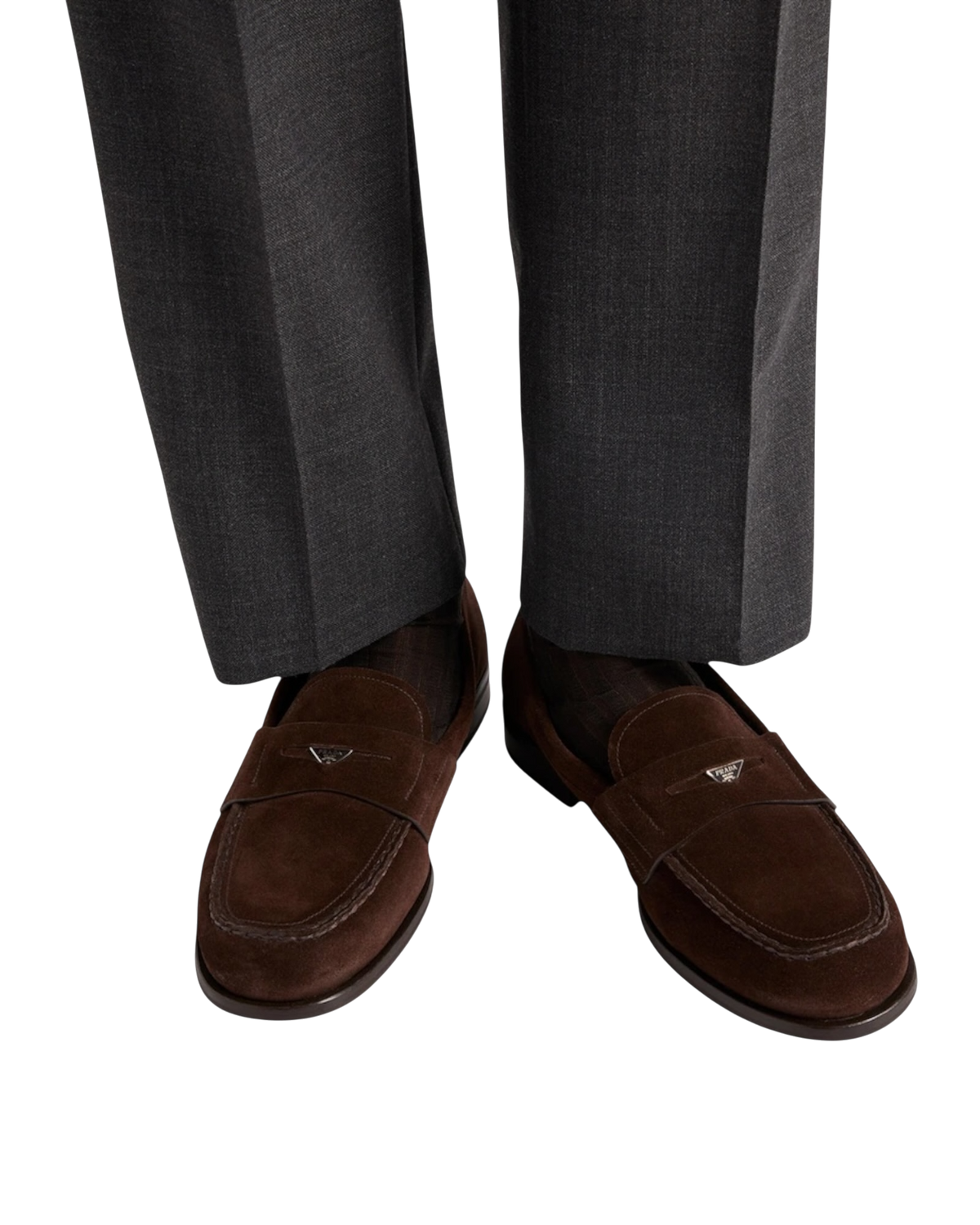 Prada Suede Triangle Penny Loafers — Brown, Size US 11 / UK 10