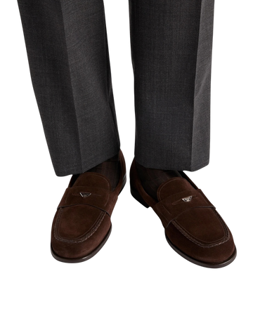 Prada Suede Triangle Penny Loafers — Brown, Size US 11 / UK 10