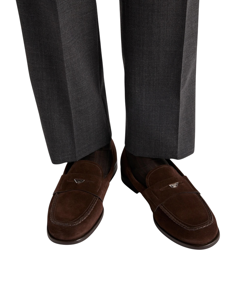 Prada Suede Triangle Penny Loafers — Brown, Size US 11 / UK 10