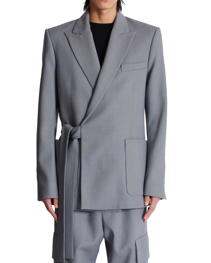Balmain Double-Crepe Side-Belt Blazer in Grey