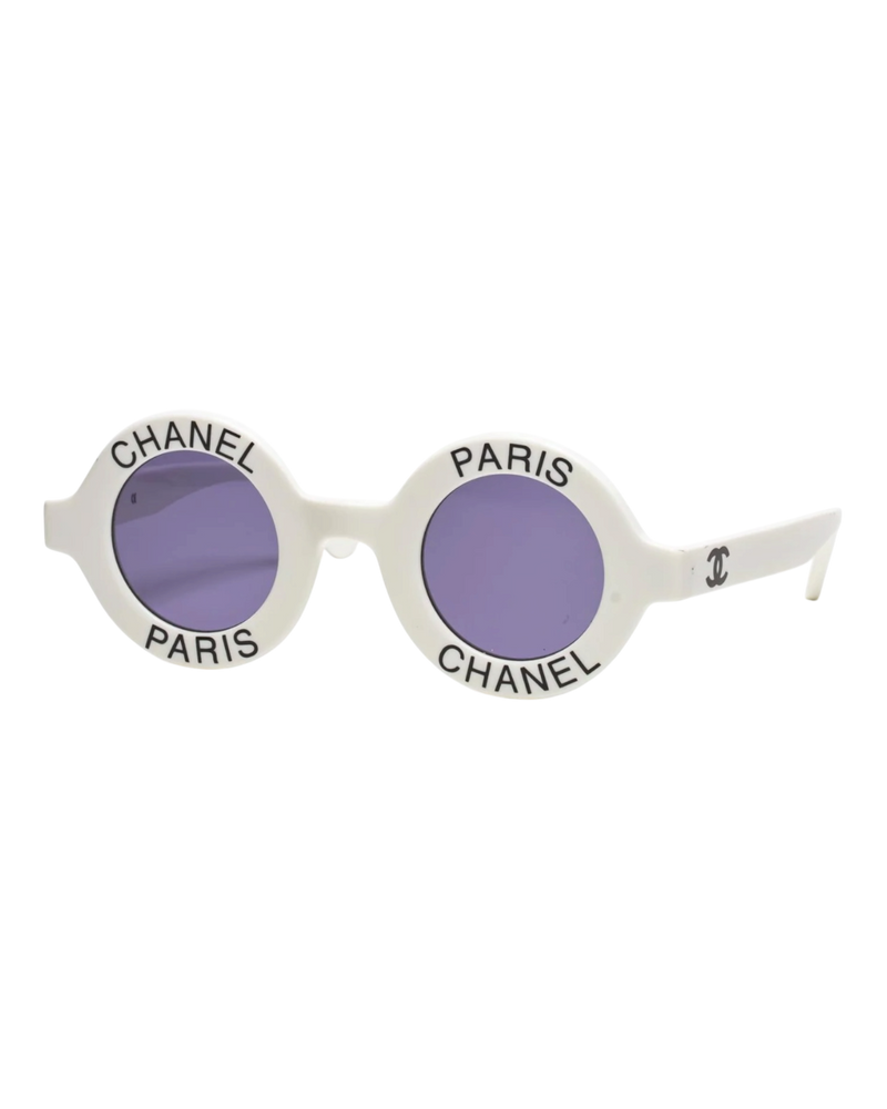Chanel 'CHANEL PARIS' Round Logo Sunglasses — White