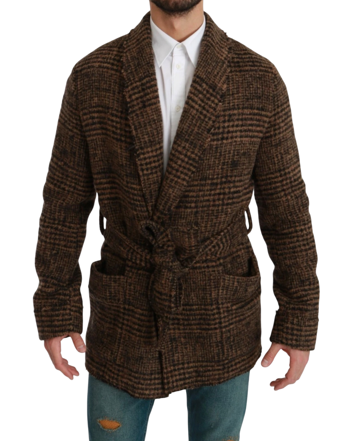 Dolce & Gabbana Checkered Wool Wrap Jacket - Brown, IT 46 / US 36 / S