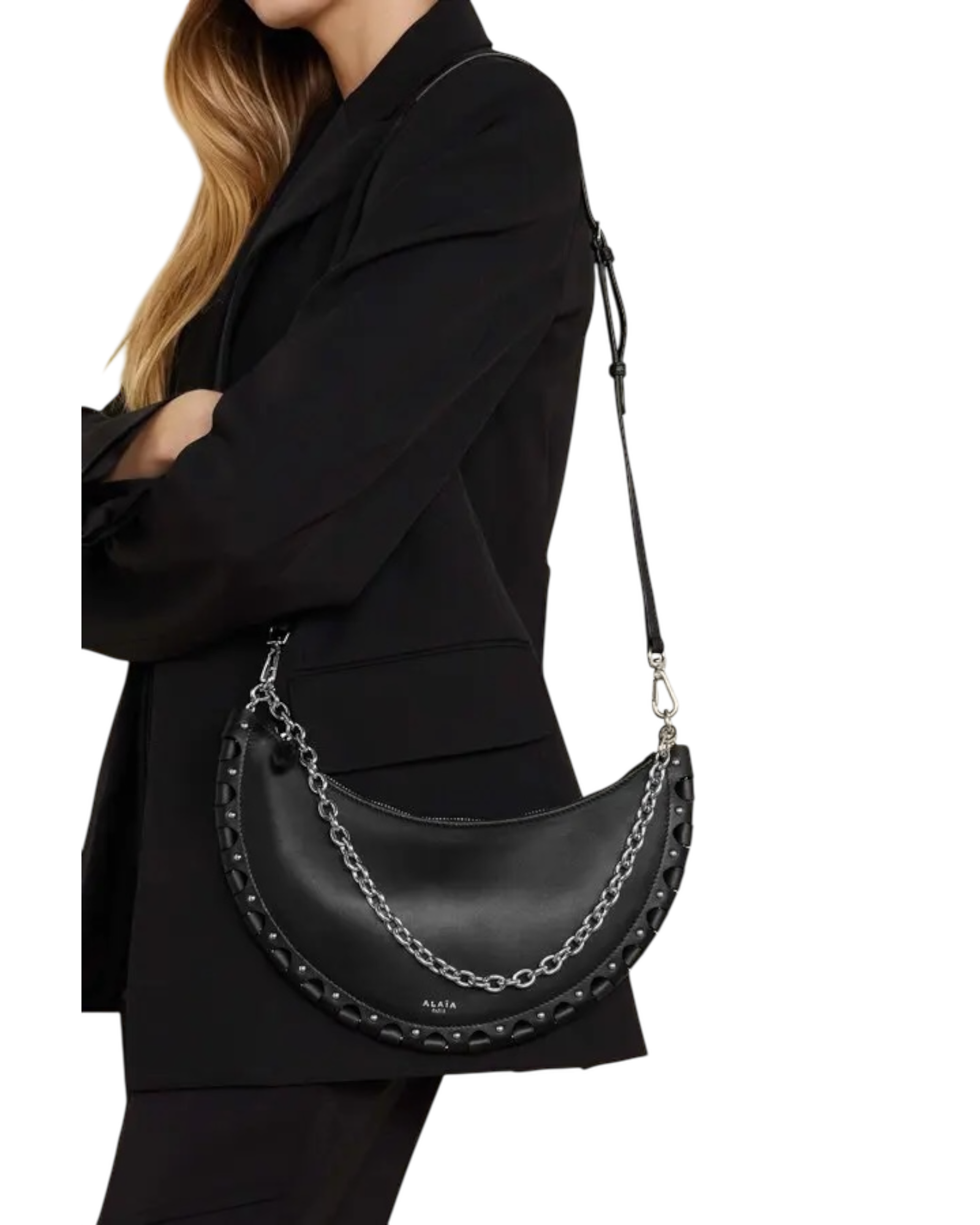 Alaïa Le Demi-Lune Leather Shoulder Bag with Studded Chain Strap