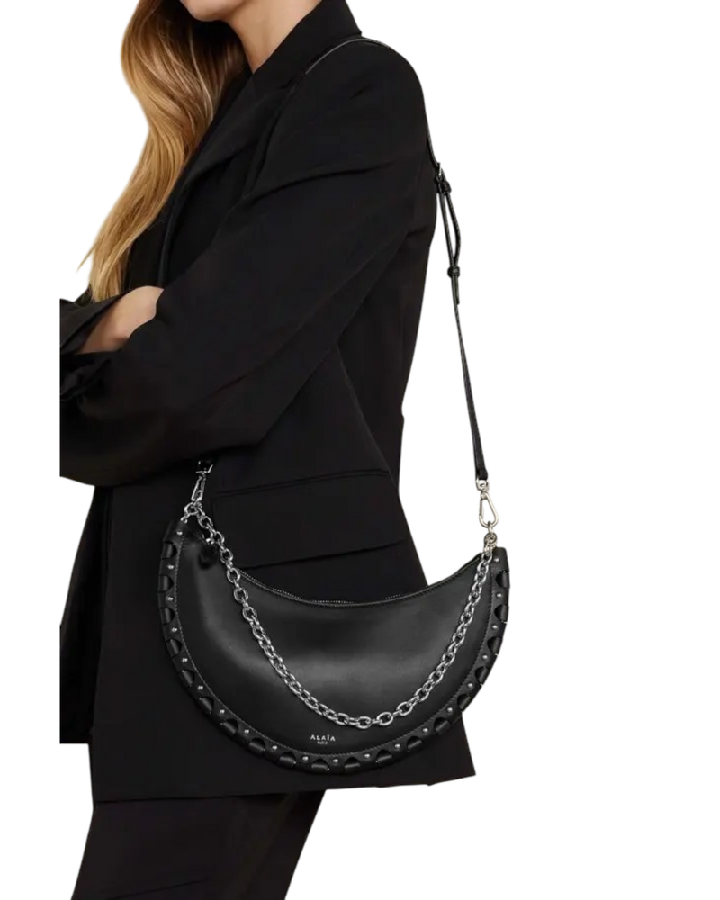 Alaïa Le Demi-Lune Leather Shoulder Bag with Studded Chain Strap