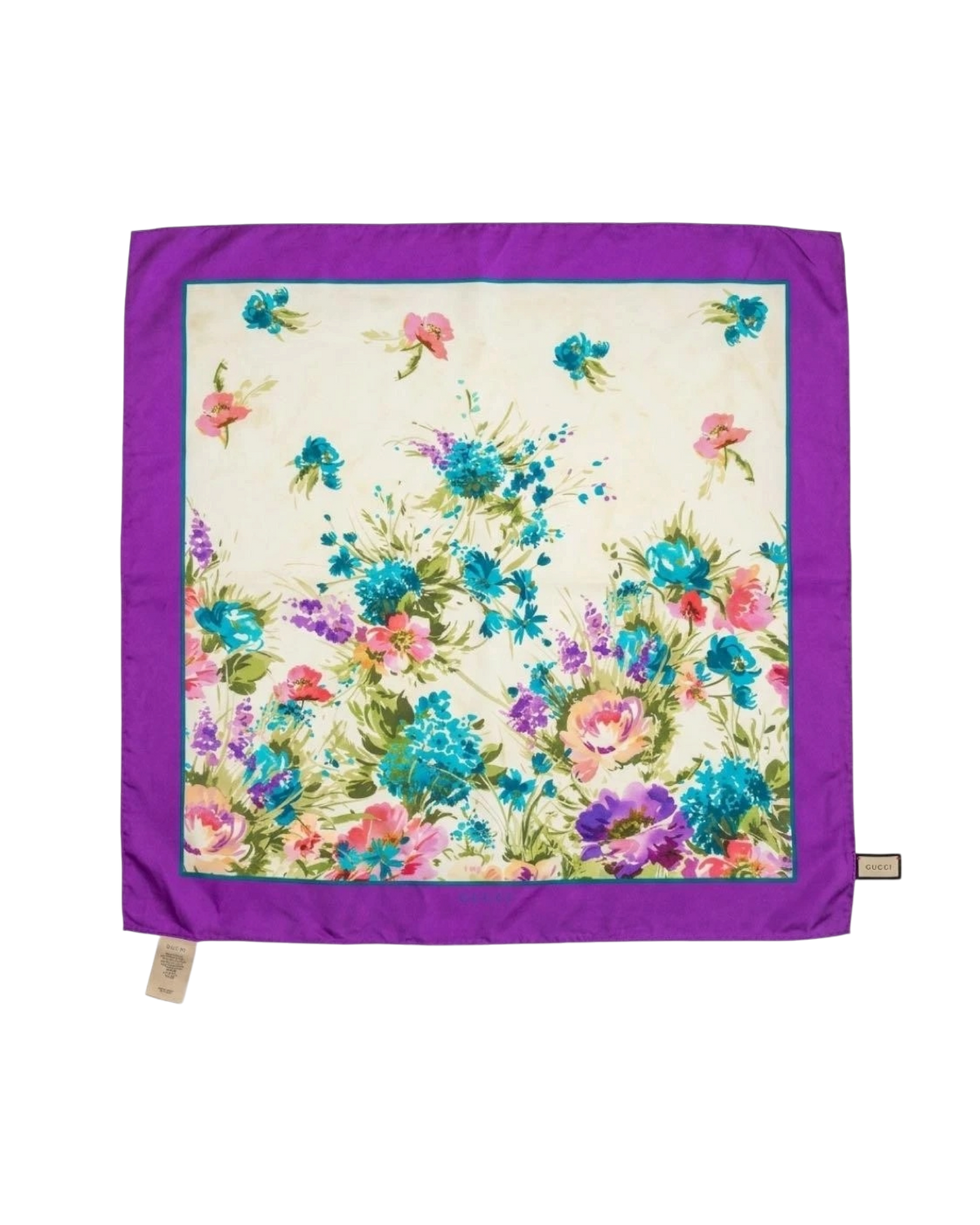 Gucci Silk Scarf 90x90 Floral Pattern Purple Edge Authentic Used Vintage