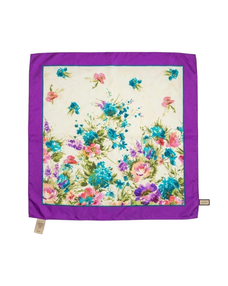 Gucci Silk Scarf 90x90 Floral Pattern Purple Edge Authentic Used Vintage
