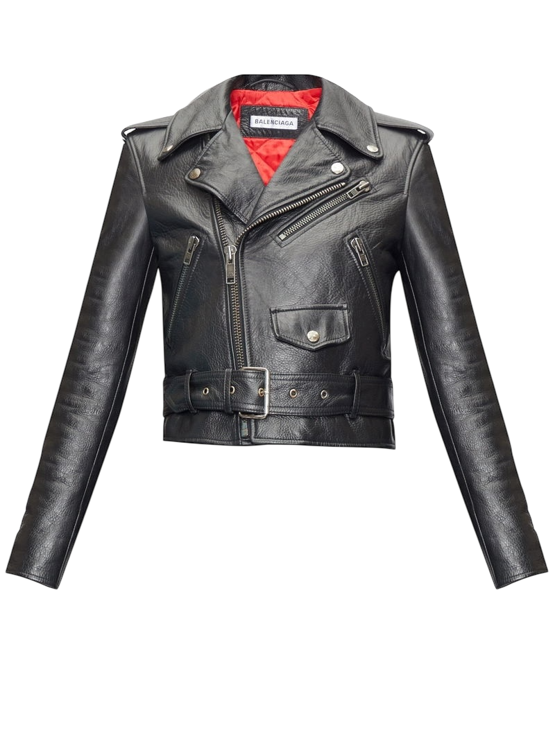 Balenciaga Grained Leather Cropped Biker Jacket