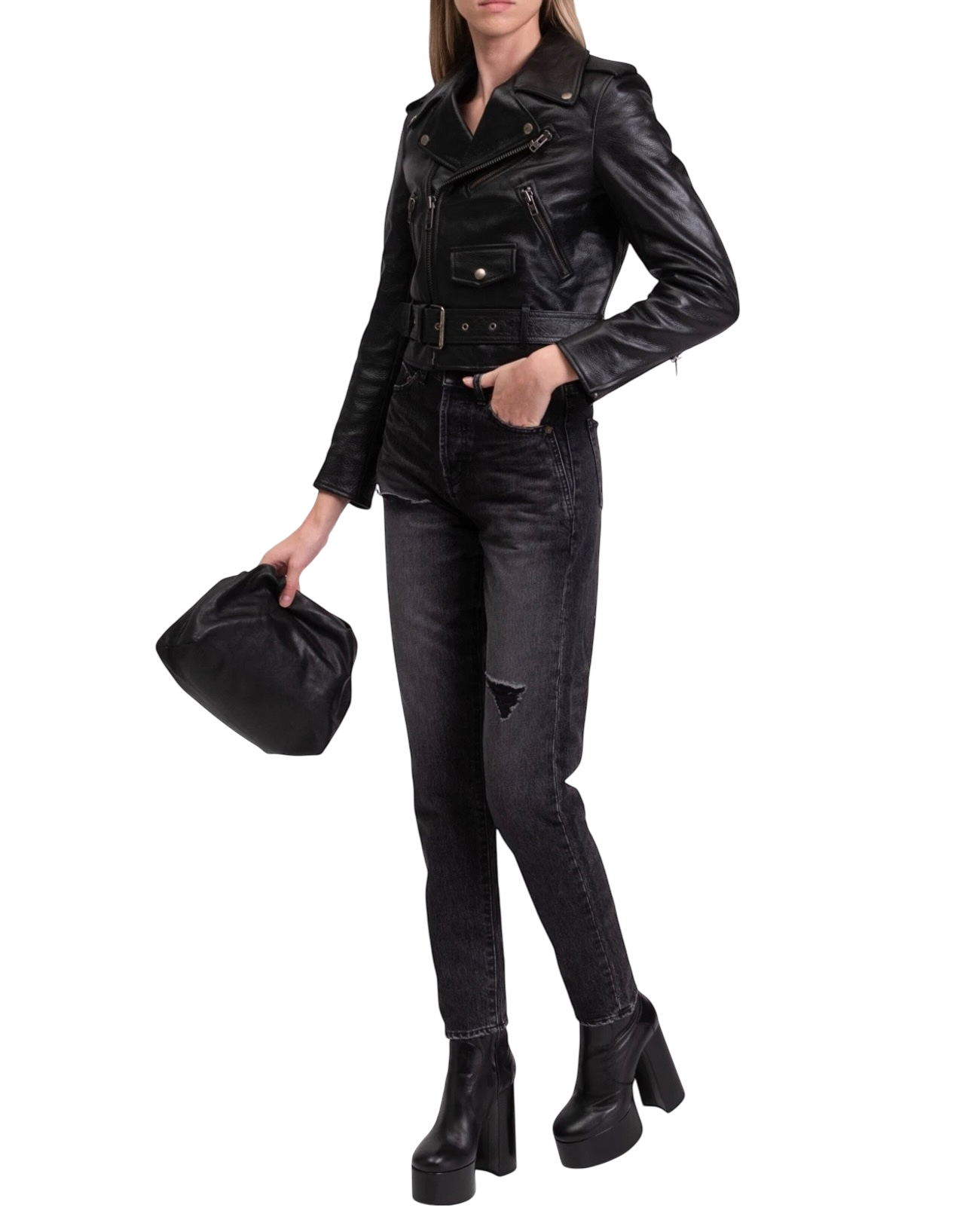 Balenciaga Grained Leather Cropped Biker Jacket