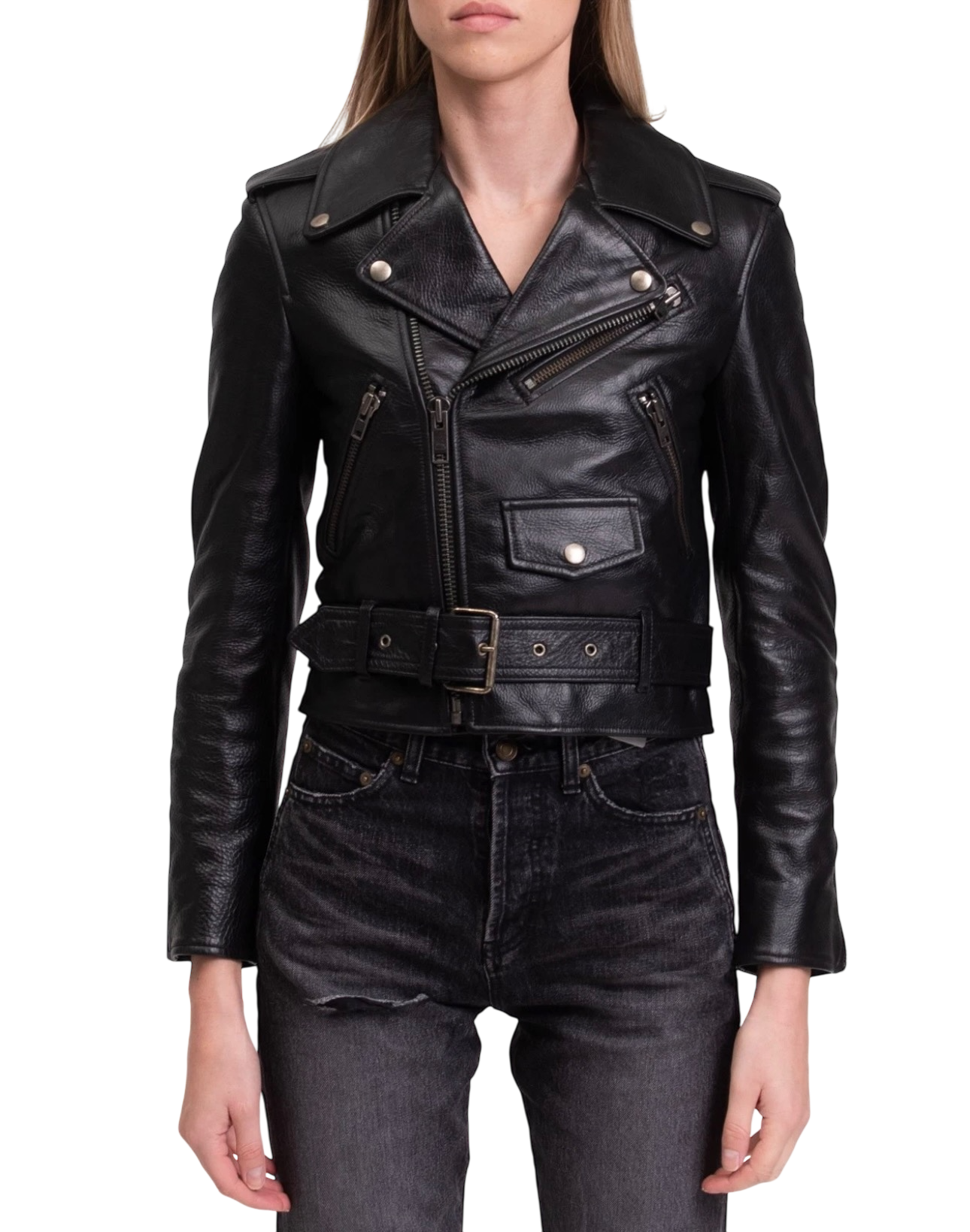 Balenciaga Grained Leather Cropped Biker Jacket