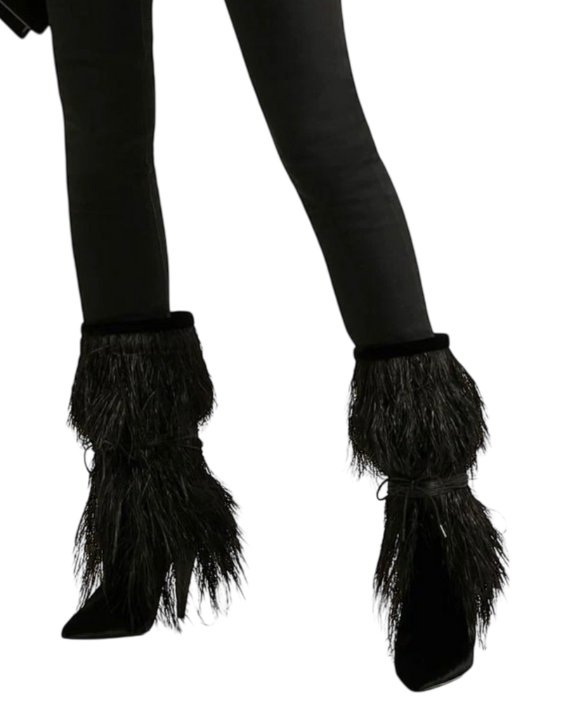Saint Laurent Yeti Ostrich Feather Embellished Velvet Boots