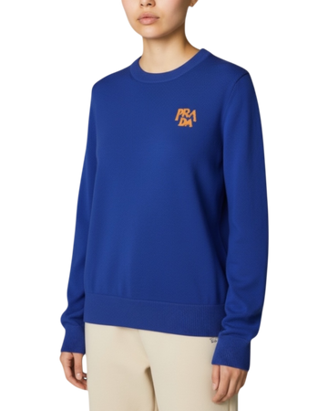 Prada FW2018 Fine-Gauge Knit Crewneck Sweater in Cobalt Blue