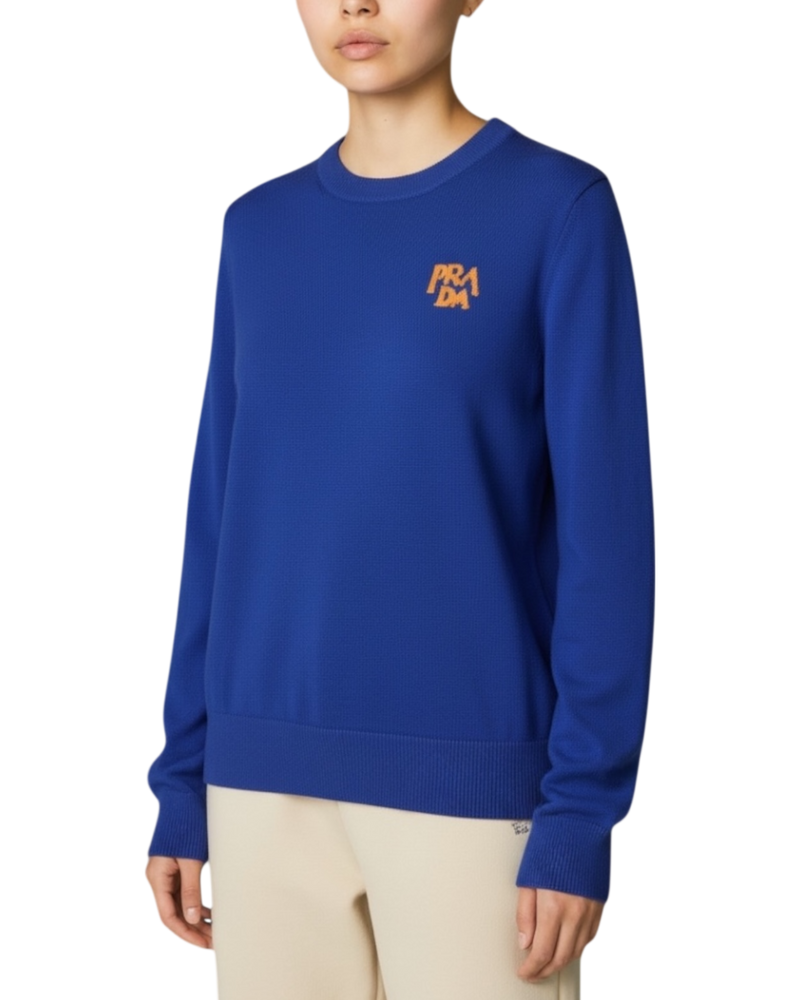 Prada FW2018 Fine-Gauge Knit Crewneck Sweater in Cobalt Blue