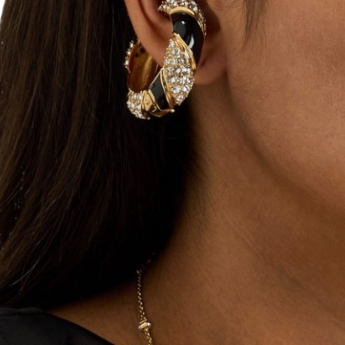 Valentino Garavani Crystal & Enamel VLogo Ear Cuff — Black/Gold, Size One Size