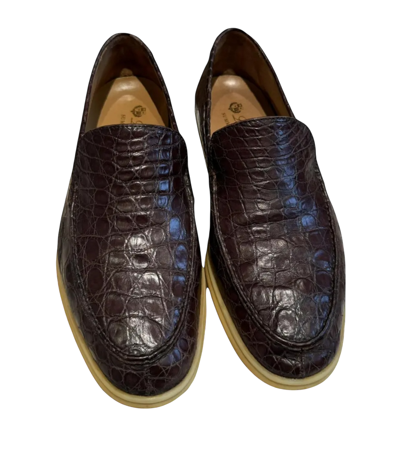 Loro Piana Brown Alligator Leather Embossed Summer Walk Loafers