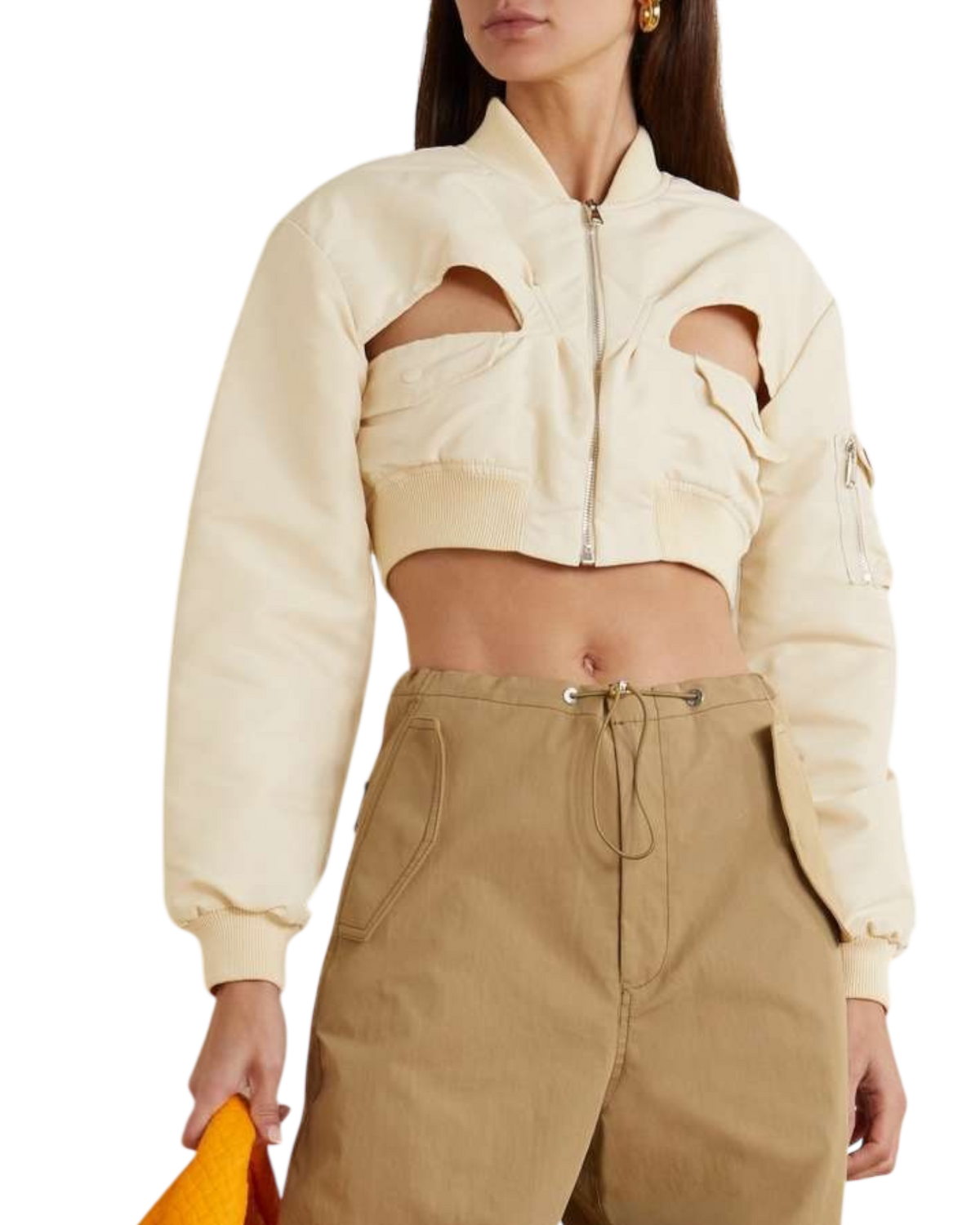 Coperni Cut-Out Cropped Twill Bomber Jacket in Cream