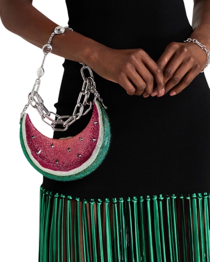 Judith Leiber Watermelon Crescent Crystal-Embelliished Silver-Toned Clutch in Red