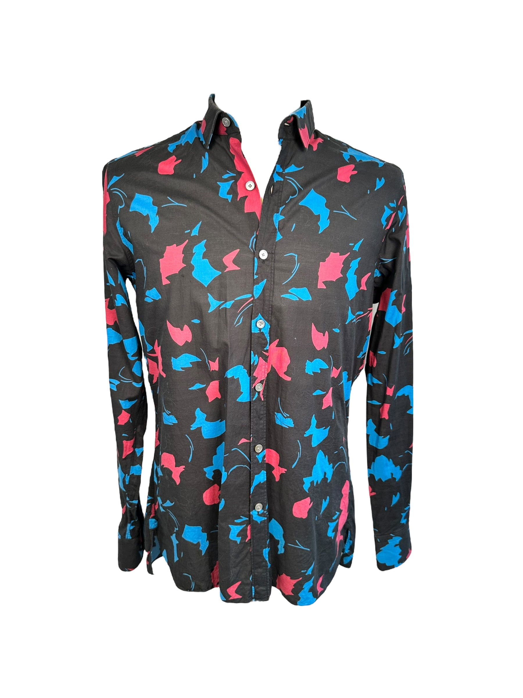 LANVIN ABSTRACT SHIRT IN BLACK WITH BLUE AND PINK