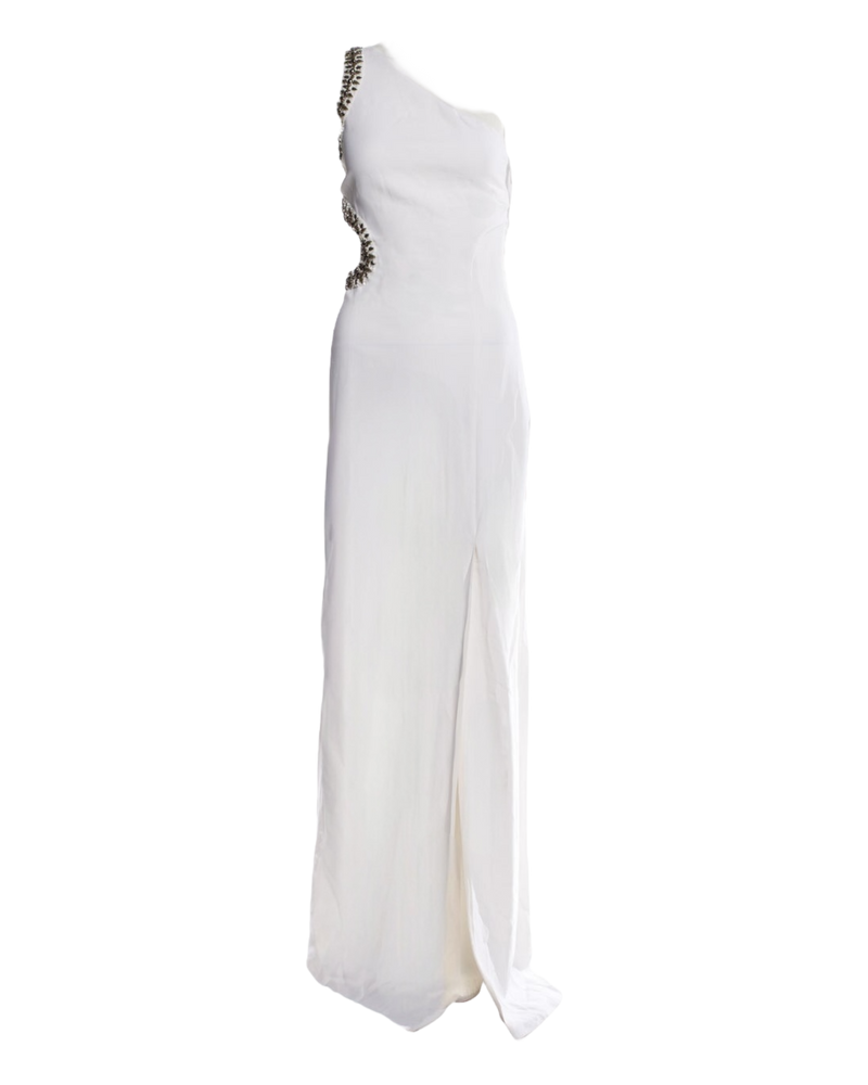 Roberto Cavalli Cadi Embroidered Cutout Asymmetric Shoulder Gown in Optical White