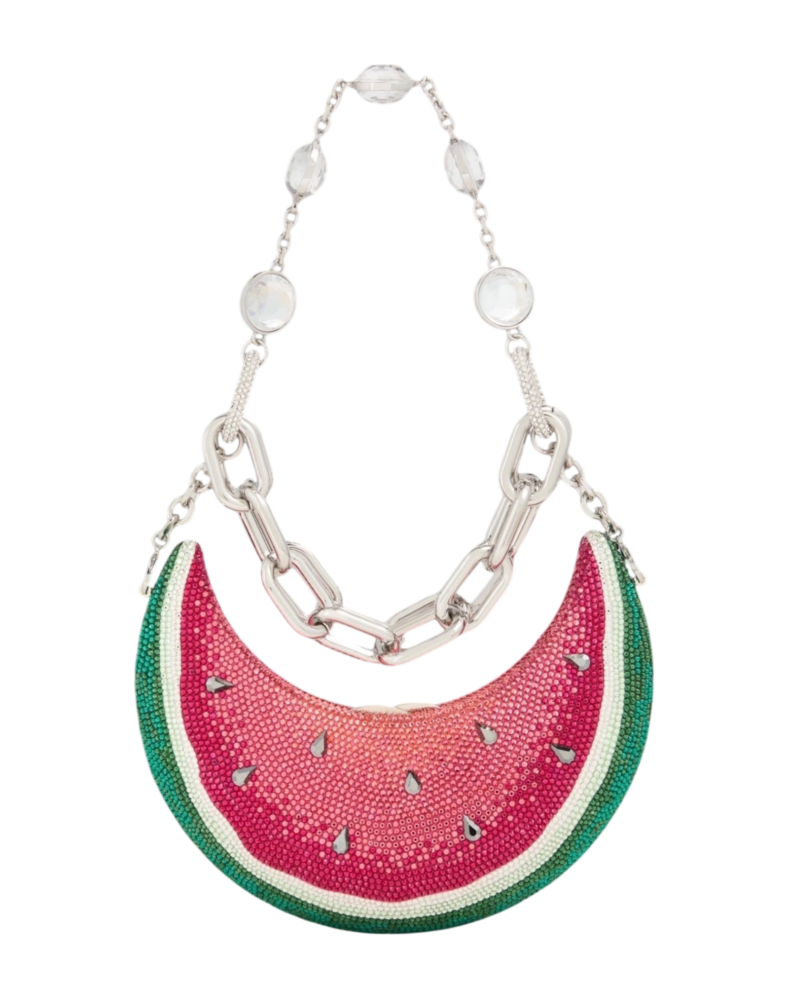 Judith Leiber Watermelon Crescent Crystal-Embelliished Silver-Toned Clutch in Red